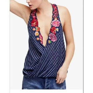 Free People frida faux wrap tank top embroidered floral striped summer vneck XS